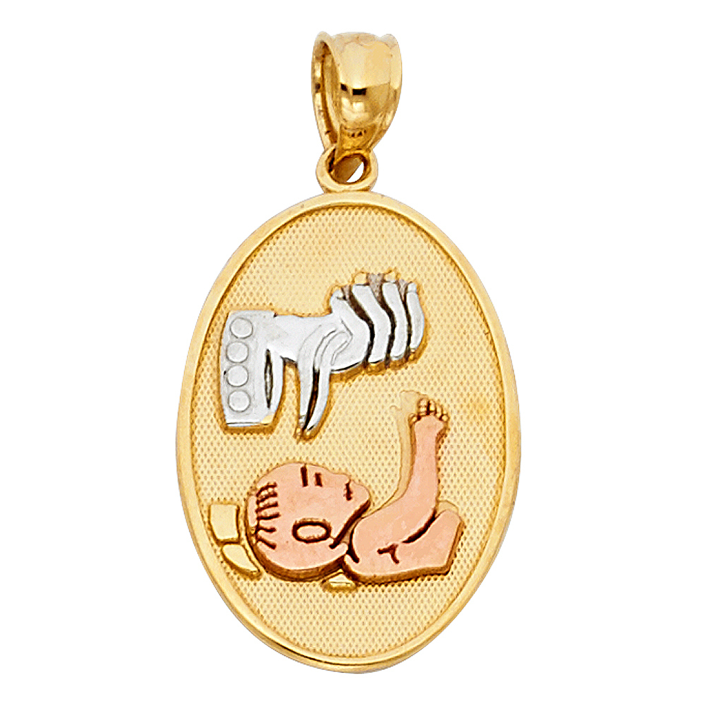 14K Tri-Color Gold Small Baptism Charm Pendant Oval Big